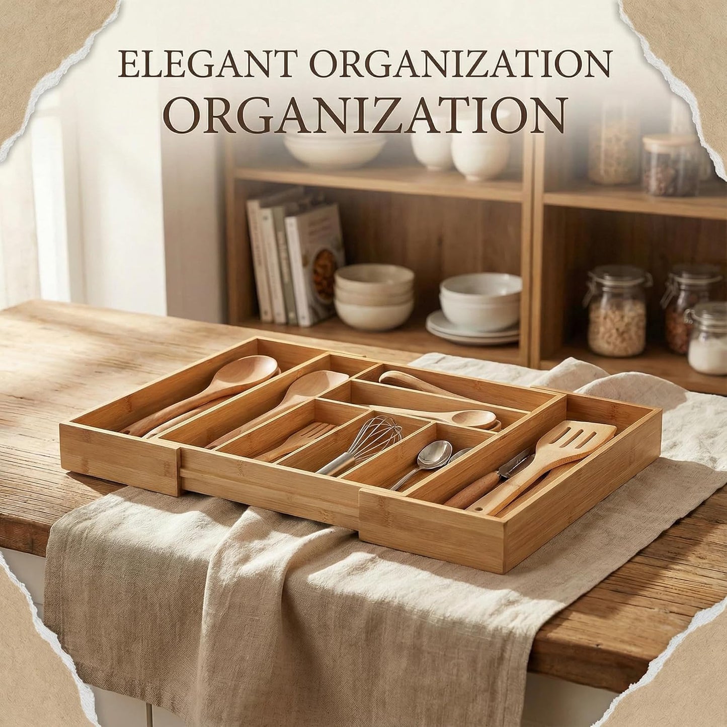 Bamboo Drawer Organizer - Expandable Kitchen Utensil Holder, Adjustable Silverware Drawer Organization, Kitchen Wooden Tray for Cutlery, Flatware & Stationery, 5-7 Slots (Natural)