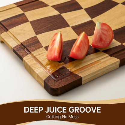 THETCHRY Cutting Boards for Kitchen, Checkered Cutting Board with Juice Grooves, End Grain Cutting Board for Meat and Vegetables, Large Butcher Block Serving Tray with Gift Box, 16.5" x 11.6" x 0.8"