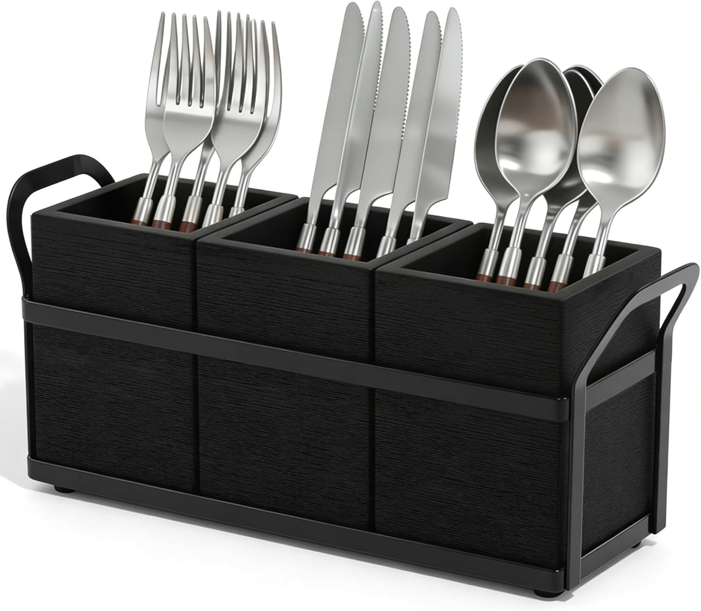Kitchen Utensil Holder for Countertop, 3 Compartments Wooden Utensils Organizer for Cooking Utensils, Silverware, Spatula, Fork, Knife, Cutlery Storage for Kitchen Counter-White