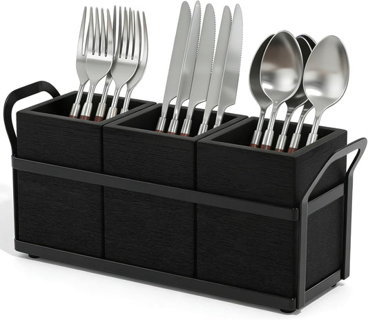 Kitchen Utensil Holder for Countertop, 3 Compartments Wooden Utensils Organizer for Cooking Utensils, Silverware, Spatula, Fork, Knife, Cutlery Storage for Kitchen Counter-White