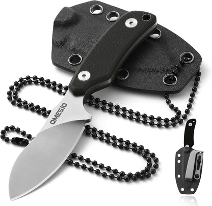 Omesio Neck Knife, Full Tang EDC Knife Necklace for Men, 5.82" Fixed Blade with Kydex SHeath and Clip, Nessmuk Blade Small D2 Steel G10 Handle for Outdoor, Survival, Camping
