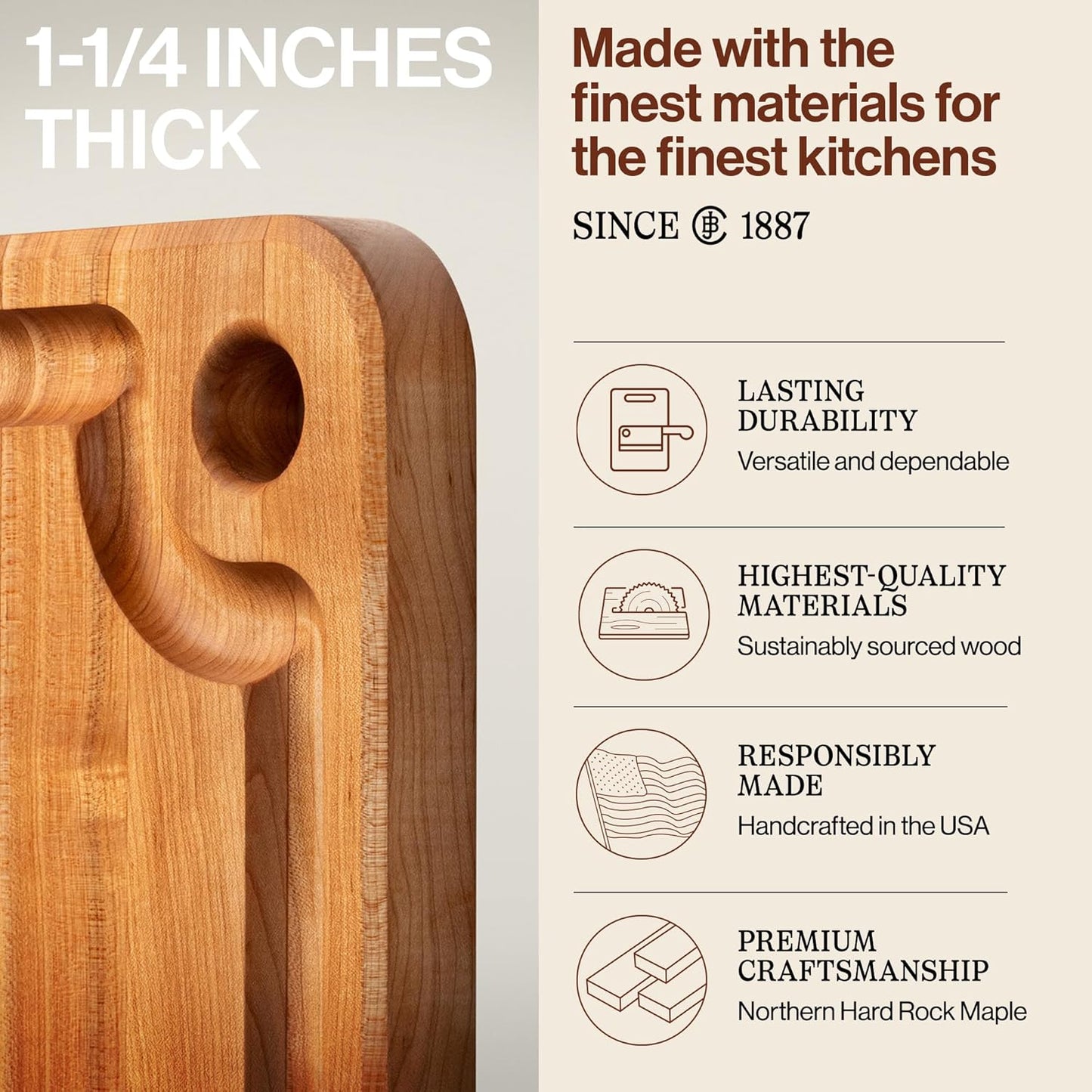 John Boos Prestige Series Rectangular Wooden Maple Cutting Board 18”x12” – 1.25” Thick, 8-lb Reversible Butcher Block with Juice Groove, Edge-Grain & Finger Grip Hole – Made in the USA