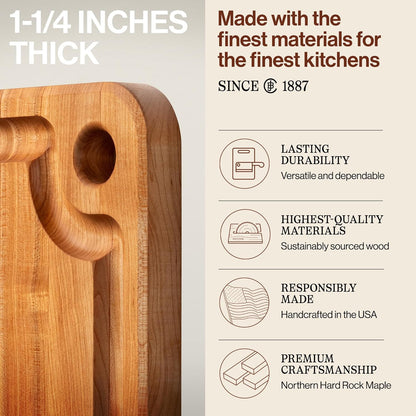 John Boos Prestige Series Rectangular Wooden Maple Cutting Board 18”x12” – 1.25” Thick, 8-lb Reversible Butcher Block with Juice Groove, Edge-Grain & Finger Grip Hole – Made in the USA