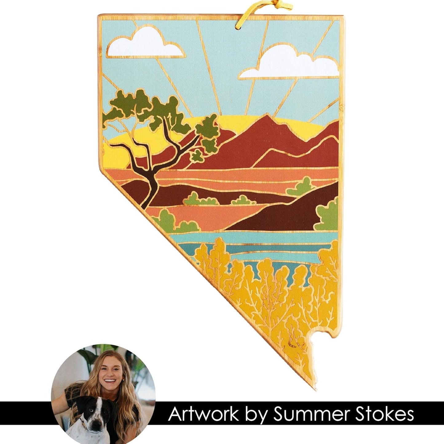 Totally Bamboo North Carolina State Shaped Cutting Board and Charcuterie Serving Platter with Artwork by Summer Stokes, Includes Hang Tie for Wall Display 18" x 8" x 5/8" - Colors A
