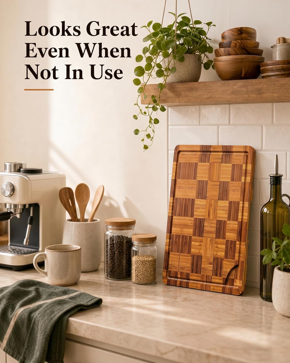 Cutting Board,Heavy Duty Cutting Board Set of 3 with Stand,End Grain Butcher Block Cutting Boards for Kitchen with Juice Grooves and Handles for Meat, Cheese, Charcuterie and Serving