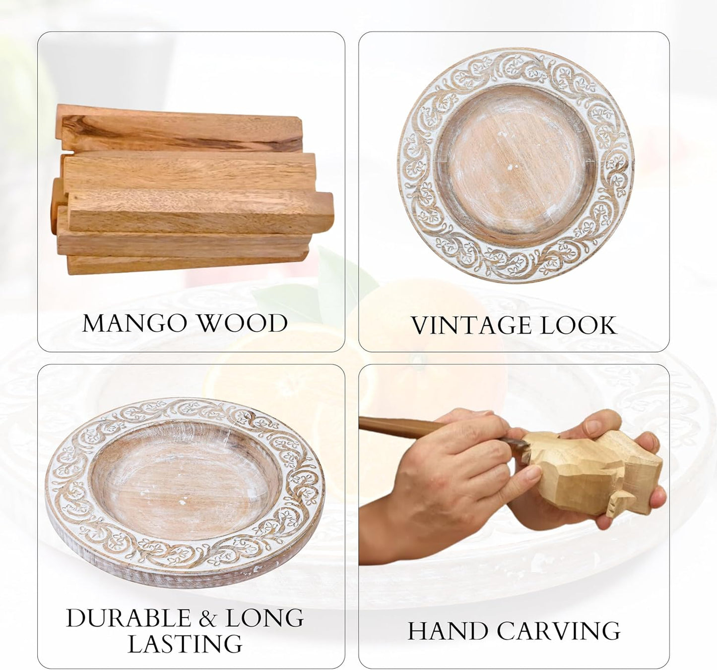 Mango Carving Wood Round Platters for Ottoman or Side Table, Charcuterie Board or Cheese Platter for Living Room (13" x 13" x 2" - White Wash)