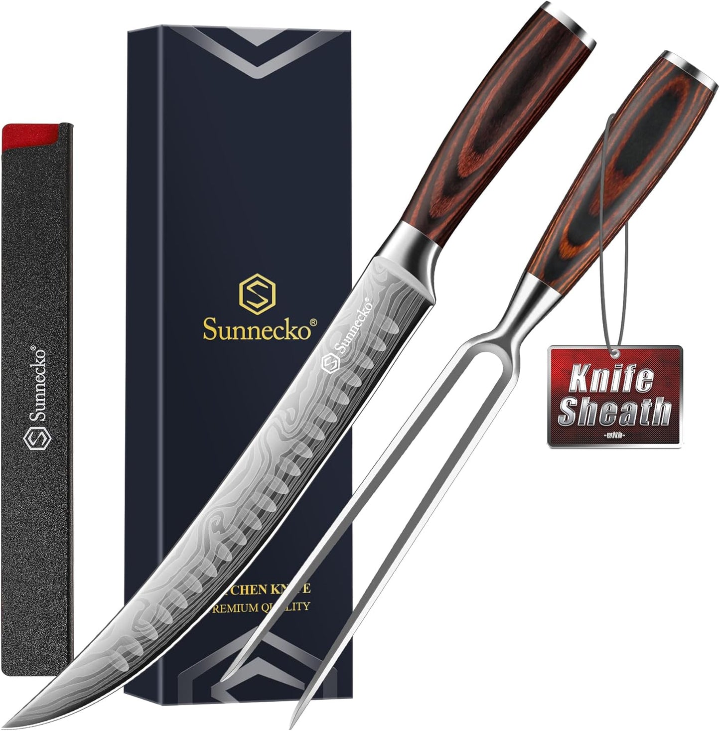 Sunnecko Professional BBQ Carving Knife Set, Slicing and Boning Knife for Meat Cutting,German High Carbon Stainless Steel Carving Knife for Meat and Turkey.