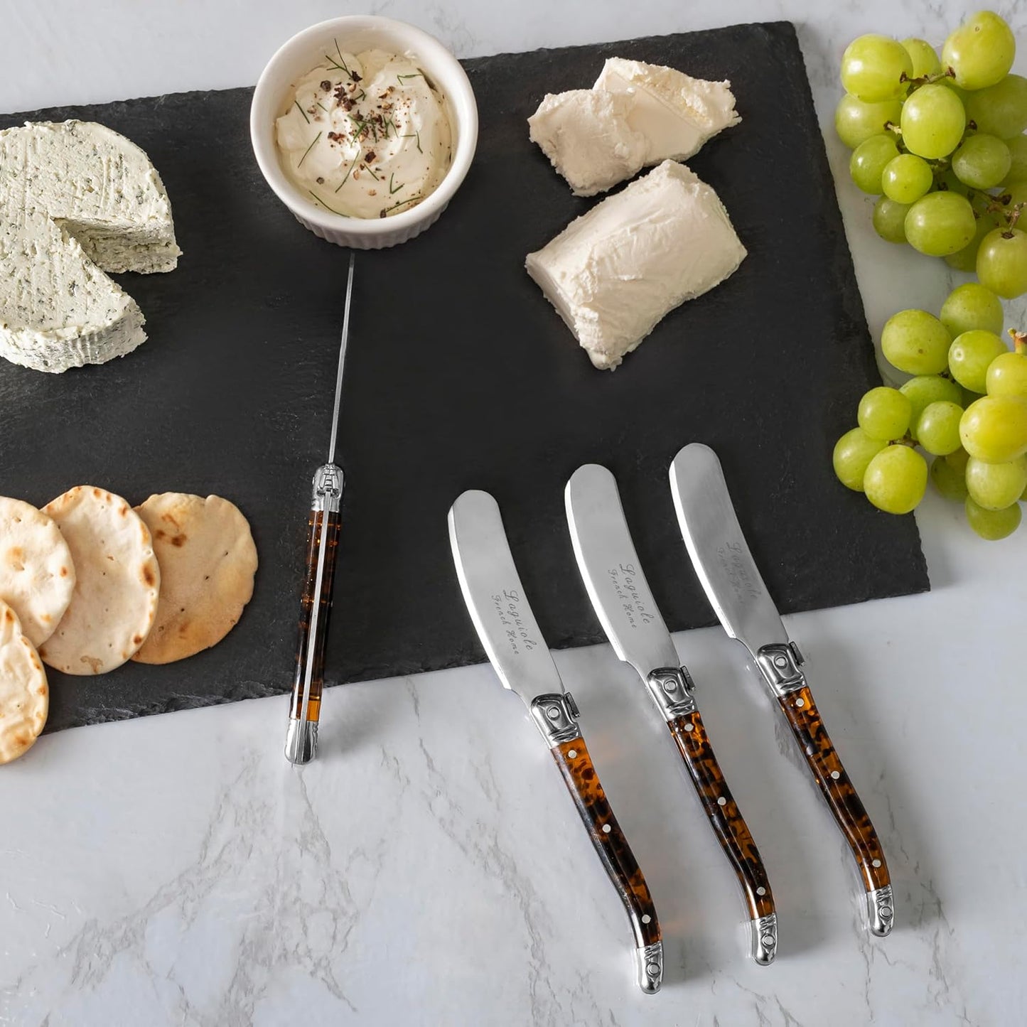 French Home Laguiole Spreader Set – 8 Piece Cheese & Butter Spreader Set with Blue and Cream Handles – Elegant & Practical Charcuterie Tools (6.25")