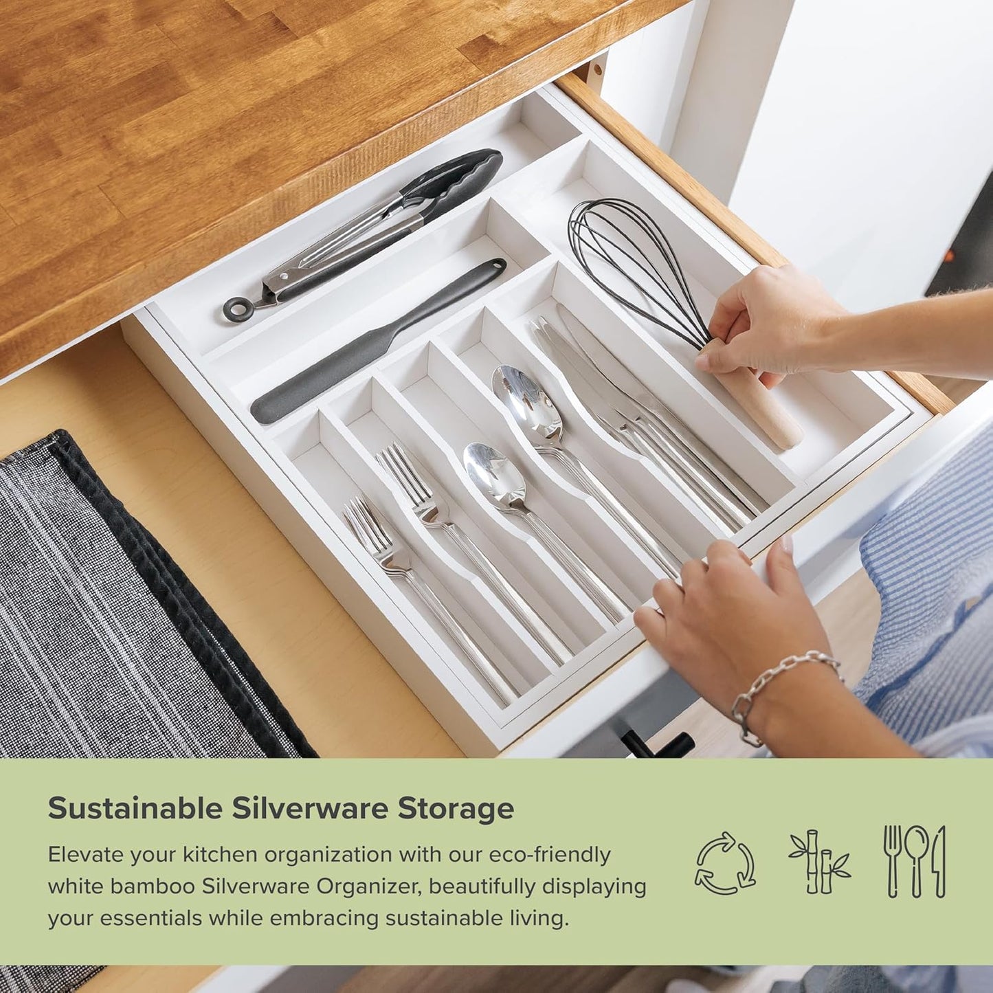 KitchenEdge Premium Silverware, Flatware and Utensil Organizer for Kitchen Drawers, Food-Safe Contract Grade, Expandable from 18 to 33 In, Natural Bamboo