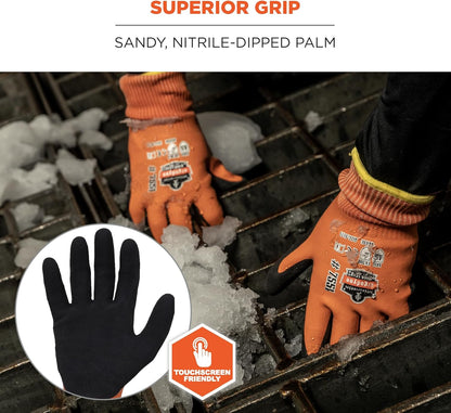 Ergodyne ProFlex 7551 Waterproof Winter Work Gloves, Cut Resistant ANSI A5, Sandy Nitrile Coated Palms, Thermal Fleece Lining Orange