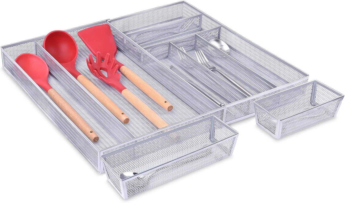 WuGeShop Mesh Silverware Tray Drawer Organizer, Kitchen Utensils Flatware with Anti-slip Mats, Silverware Storage Cutlery Tray for Knives Fork Spoon (5 Separate Compartments, Silver)