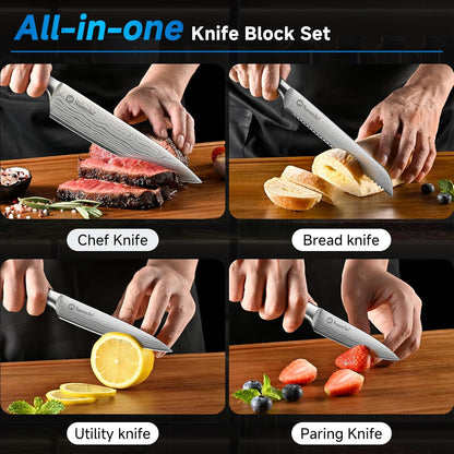 Sunnecko Knife Set with Block and Sharpener, 15 Piece Kitchen Knife Block Set Sharp Kitchen Knives High Carbon Stainless Steel with White Handles