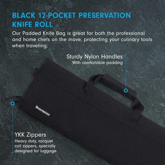 Messermeister Preservation 12-Pocket Knife Luggage, Black - 12 Elasticized, Reinforced Pockets for Culinary Tools - Holds Up to 18” Knife - Made From 100% Recycled Water Bottles
