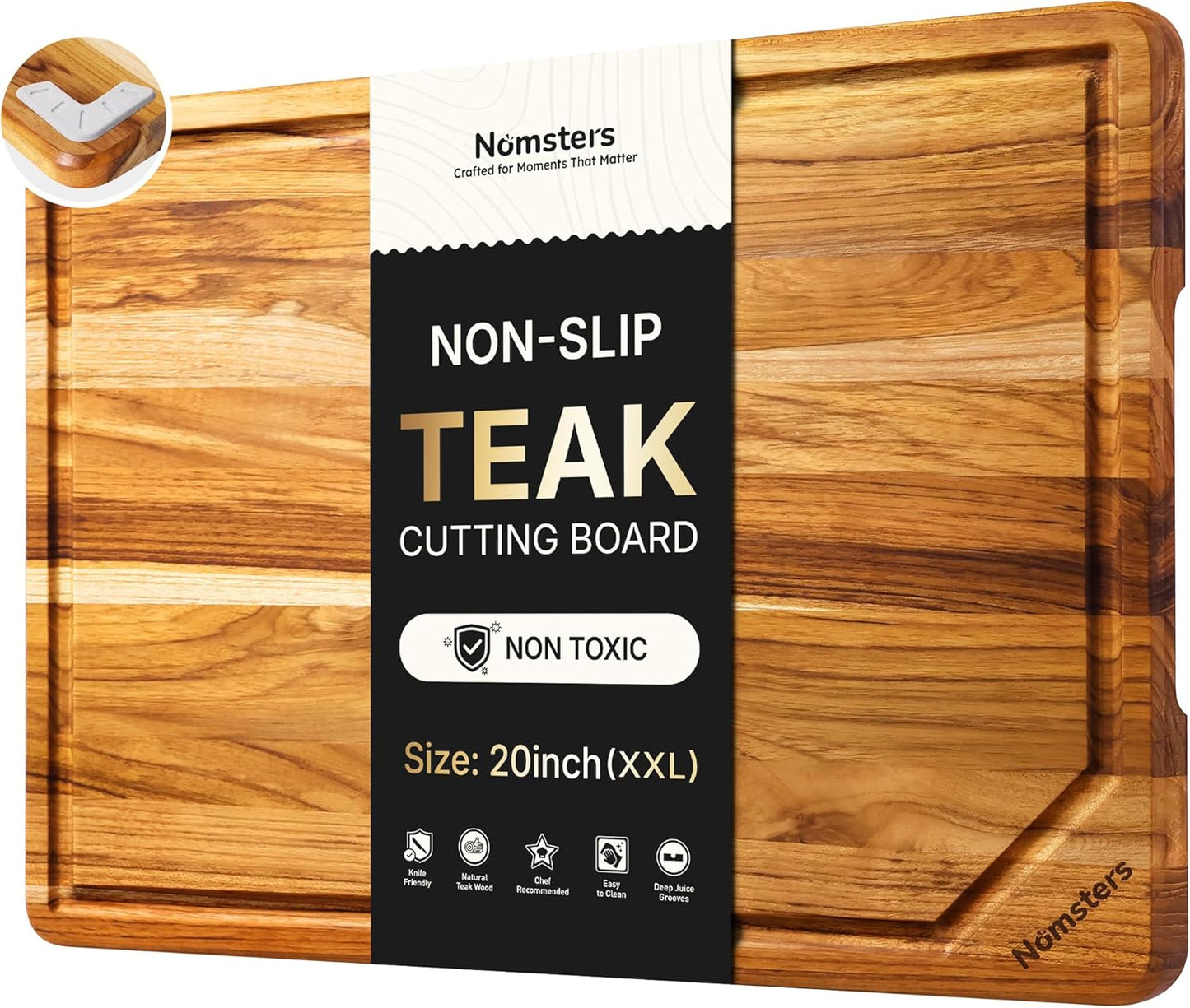 17'' Teak Wood Cutting Board for Kitchen Non Slip Charcuterie Board Serving Heavy Duty Non Toxic Wooden Chopping Board Thick Haus Edge Grain Wood, Knife Friendly Housewarming Gifts - FSC Certified