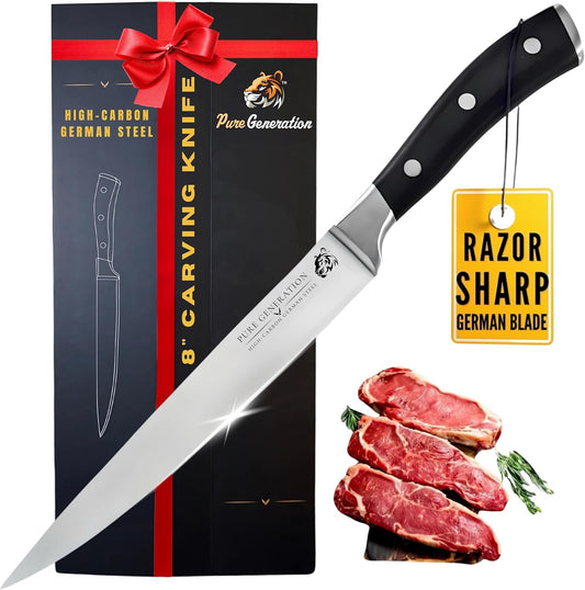 8" Carving Knife for Meat – Butcher Knife, Razor Sharp German Steel Slicing Knife with Ergonomic Handle for Turkey, Ham, Fruits, and Meat Cutting