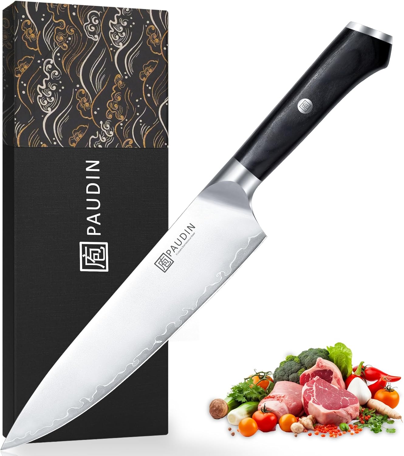 PAUDIN Chef Knife, 8 Inch High Carbon Steel Kitchen Knife, Professional Chefs Knife with Ergonomic Wooden Handle, Ultra Sharp Knife for Meat Vegetable Cutting