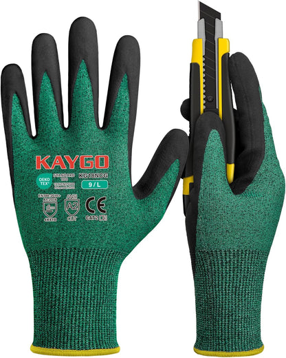 KAYGO 3 Pairs Cut Resistant Gloves, Safety Work Gloves KG18NCG,MicroFoam Nitrile Coating for Construction Automotive Warehouse
