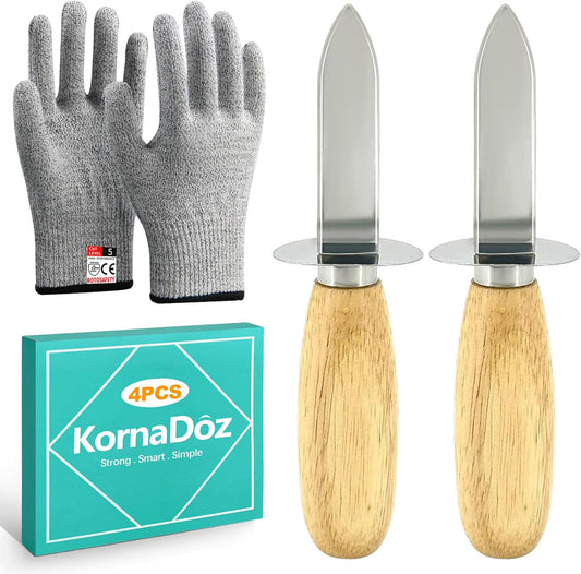 4 Pieces 2 Stainless Steel Oyster Shucking Knives, 2 Pairs Reinforced Oyster Gloves, and 1 Cloth, Oyster Shucking Tool Kit for Oysters and Clams (Reinforced Version