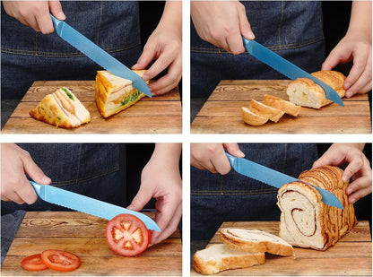 8 Inch Bread Knife, German High Carbon Stainless Steel Blade and Ergonomic Comfortable Handle, Non-Stick Bread Knife for Slicing Bread, Cake, Bagels-Blue