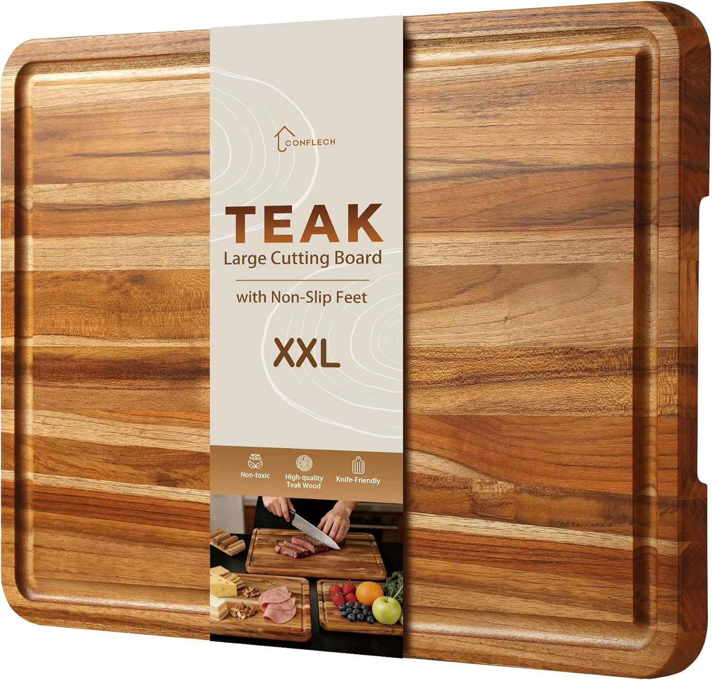 3 Pack Teak Cutting Board Set for Kitchen Wood Charcuterie Board with Juice Groove Wooden Cutting Boards Non Toxic Heavy Duty Slip Over Sink Solid Thick Chopping Board FSC