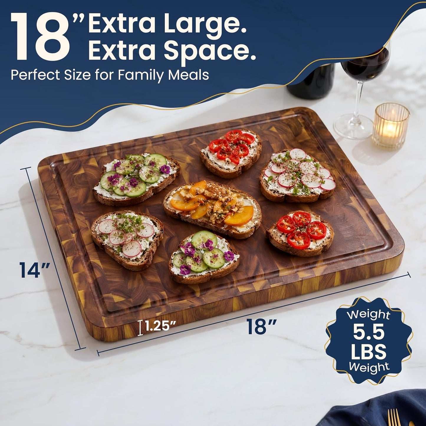 HOMESTEAD End Grain Acacia Wood Cutting Board for Kitchen 23x18x1.5 in, Large Butcher Block Chopping Board for Meat Vegetables with Juice Groove, Handles and Knife-Friendly Surface