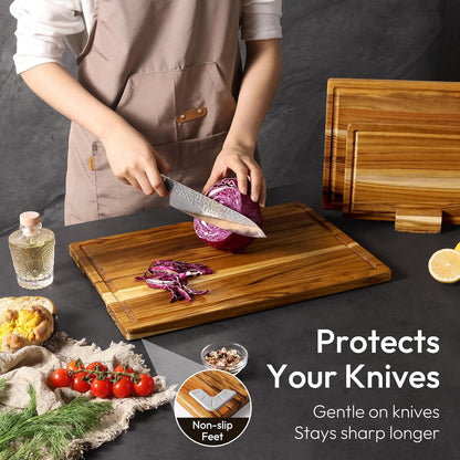 Bellsal 3 Pack Teak Wood Cutting Board Set for Kitchen Charcuterie Board Serving Heavy Duty Non Toxic Slip Over Sink Solid Thick Haus Wooden Chopping Board Large Big Small Meat Kitchen Essential Gift