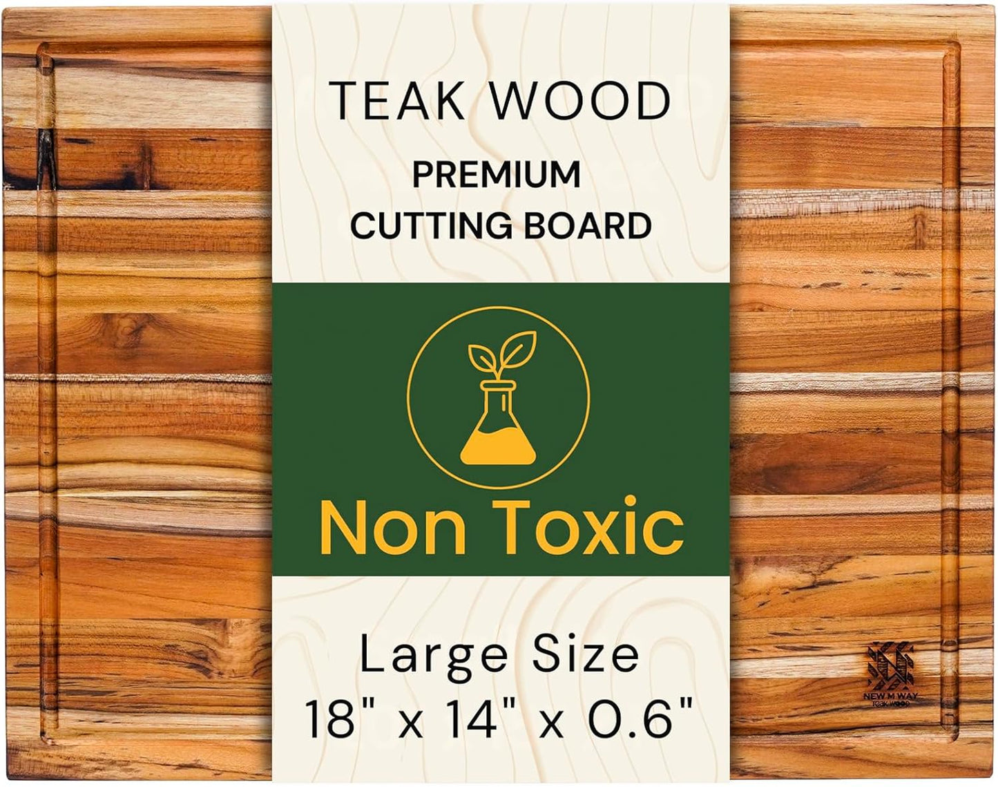 Teak Wood Cutting Board 18" x 14" x 0.6", 2-Piece Set for Kitchen Meat & Food Prep - Large Thin Edge Grain, Deep Juice Groove, Lightweight Solid Hardwood, Non-Toxic, BPA Free by New M Way
