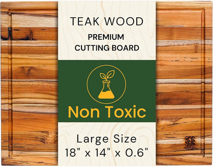 Teak Wood Cutting Board 18" x 14" x 0.6", 2-Piece Set for Kitchen Meat & Food Prep - Large Thin Edge Grain, Deep Juice Groove, Lightweight Solid Hardwood, Non-Toxic, BPA Free by New M Way