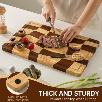 THETCHRY Cutting Boards for Kitchen, Checkered Cutting Board with Juice Grooves, End Grain Cutting Board for Meat and Vegetables, Large Butcher Block Serving Tray with Gift Box, 16.5" x 11.6" x 0.8"