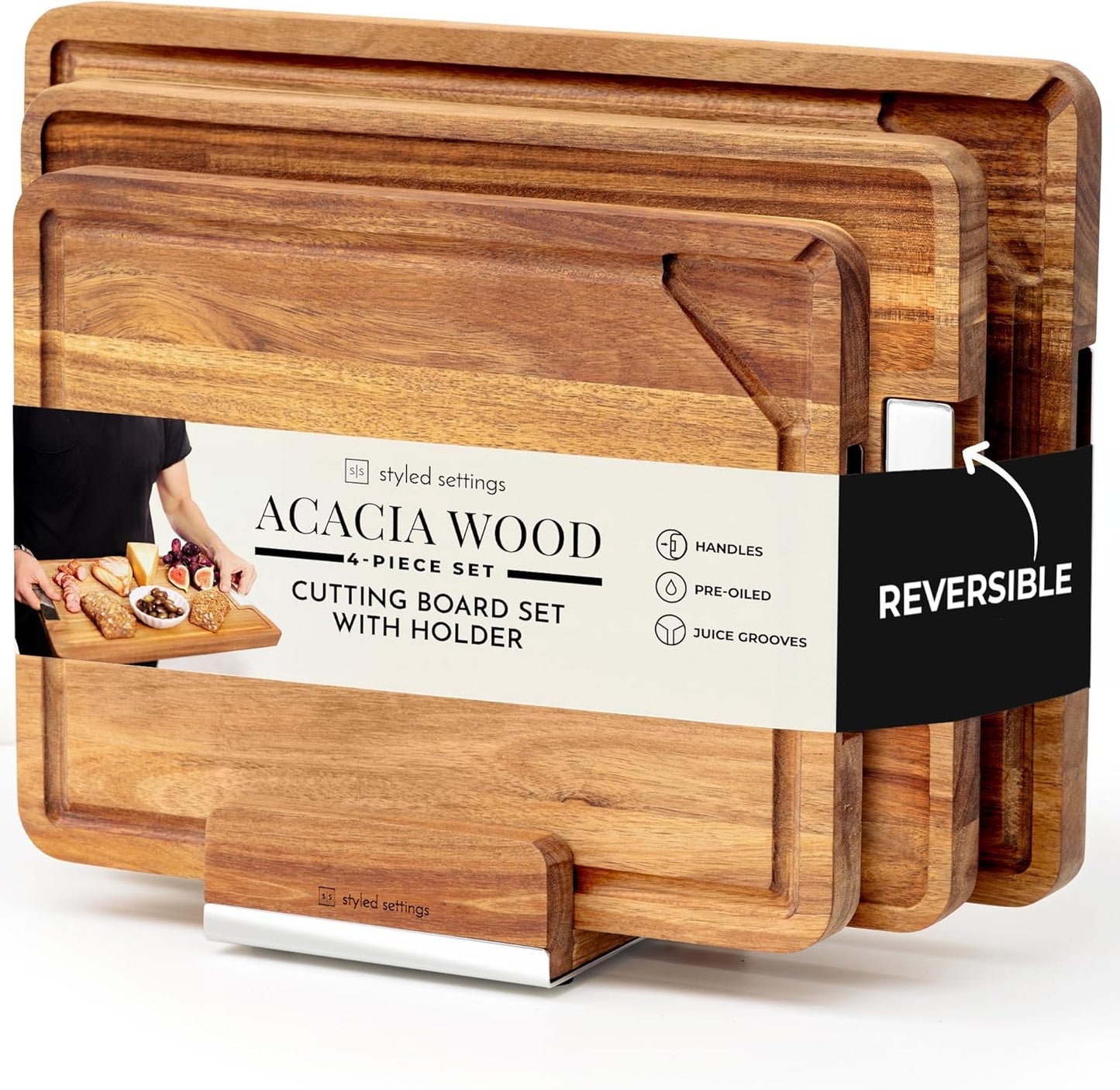 Acacia Wood Cutting Board Set with Holder – 4 Piece Wooden Cutting Board Set with Stand – Reversible Charcuterie Tray with Juice Grooves and Gold Handles – Stylish Kitchen Gift