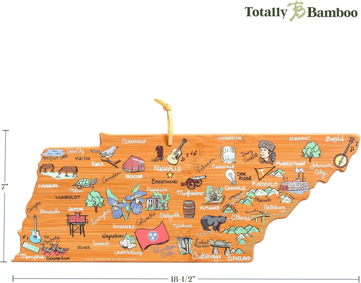 Totally Bamboo Tennessee State Shaped Cutting Board and Charcuterie Serving Platter with Artwork by Fish Kiss, Includes Hang Tie for Wall Display - Colors A