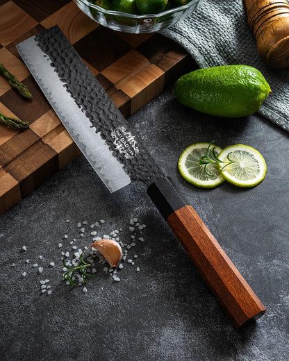 FAMCüTE Japanese Knife Block Set, Hand Forged 5-Layer 9CR18MOV Clad Steel Ultra Sharp Kitchen Knives with Wooden Storage & Rosewood Handle, Includes Chef, Santoku, Nakiri, Fruit Knife for Home Mom/Dad