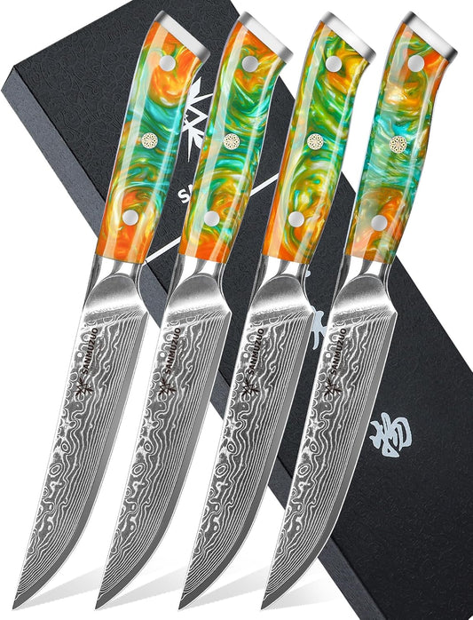 Steak Knives Set of 4, Ultra Sharp Non Serrated Kitchen Steak Knife 5 Inch - Damascus Steel & Resin Handle - Xuan Series (Sapphire Blue)