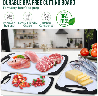 Plastic Cutting Boards for Kitchen, with Grips – Set of 3 Dishwasher-Safe, Non Slip Cutting Board with Juice Groove – Thick, Durable Cutting Boards for Meat and Vegetables by My Prime Kitchen, Red