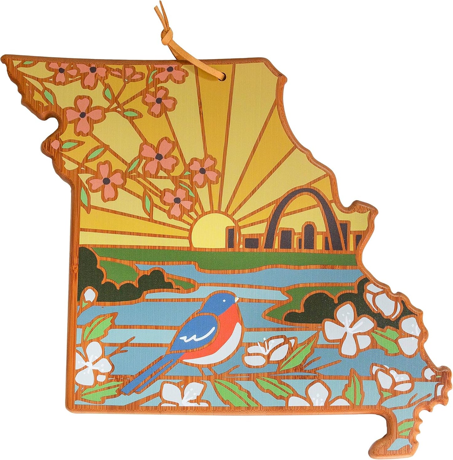 Totally Bamboo North Carolina State Shaped Cutting Board and Charcuterie Serving Platter with Artwork by Summer Stokes, Includes Hang Tie for Wall Display 18" x 8" x 5/8" - Colors B
