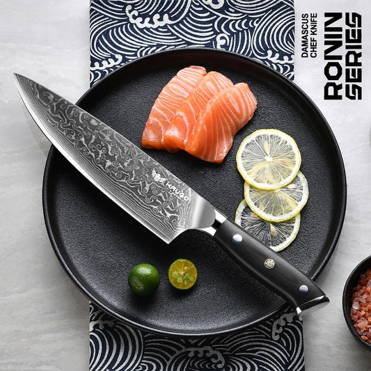 Damascus Chef Knife - Haugo 8 Inch Kitchen Knife with Japanese VG10 Steel Core - Full Tang Handle - Ultra Sharp Professional Cooking Knife - Ronin Series - Gift Box