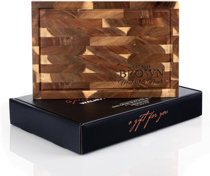 Personalized End Grain Acacia Wood Cutting Board - Custom Engraved Butcher Block with Name & Date - Deep Juice Groove, 2 Size Options - Housewarming, Wedding, Chef Gift