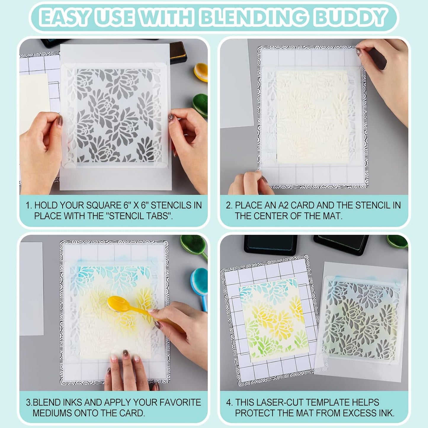 Sticky Non-Slip Flexible Gridded Stamp Mats Grid Sheets 2 PCS Low Stick Mat and 1 Blending Buddy Set,Laser Template with Stuckable Hole,Multi-Use Tack Adhesived Sheet Scrapbooking Craft Accessory