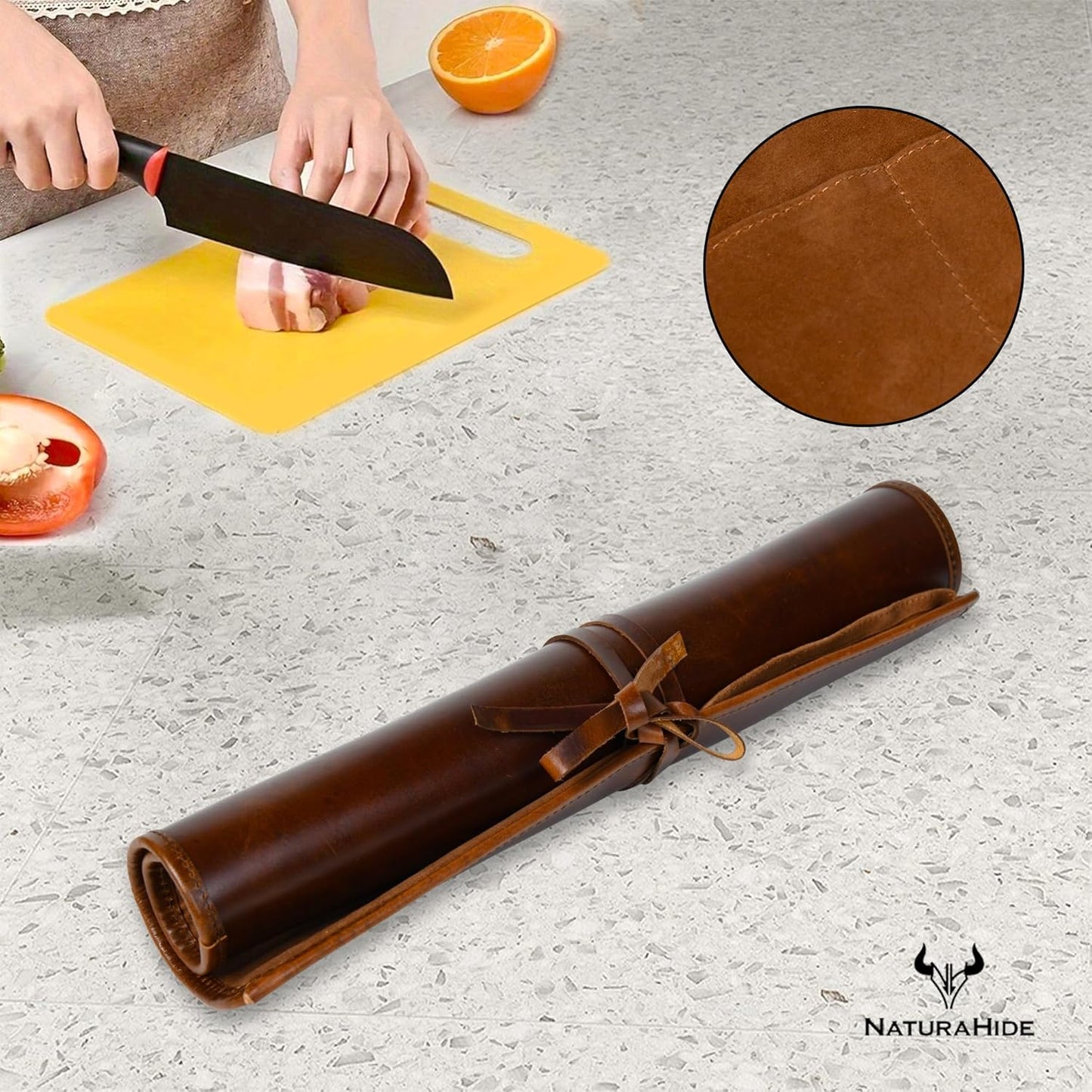 Leather Knife Roll Bag for Professional Chefs 4 Slot Full Grain and Suede Leather Knife Case Handmade Culinary Tool Roll Organizer for Travel, Kitchen and Outdoor Cooking (Black)