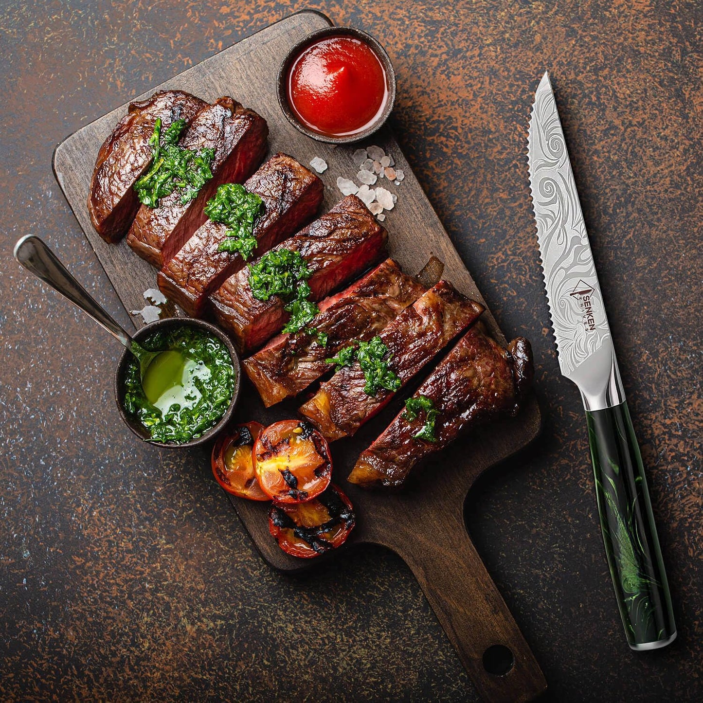 SENKEN 8-piece Engraved Japanese Kitchen Knife Set & Beautiful Green Resin Epoxy Handles - Wasabi Collection - Chef's Knife, Santoku, Cleaver, Paring, & More