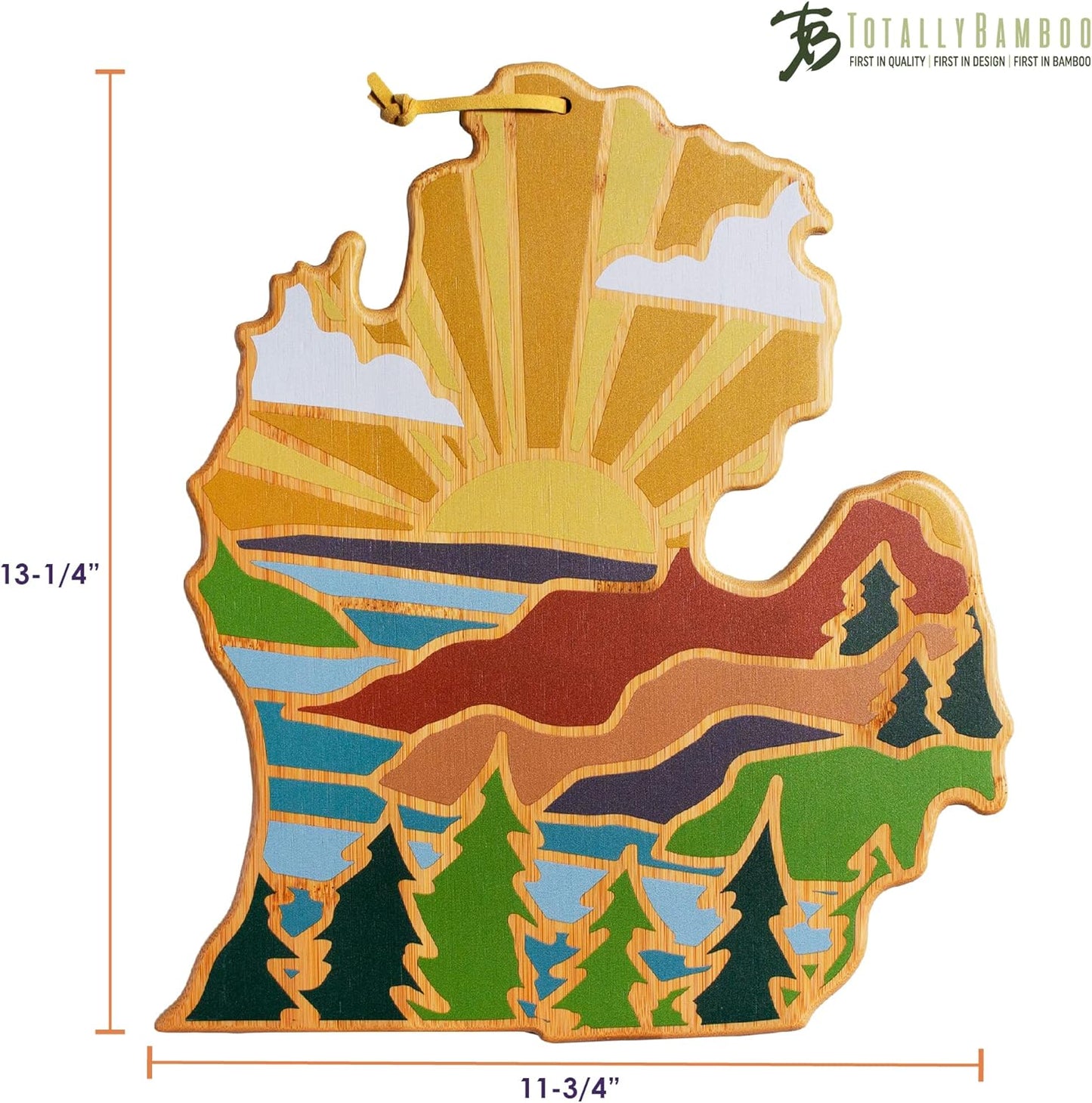 Totally Bamboo North Carolina State Shaped Cutting Board and Charcuterie Serving Platter with Artwork by Summer Stokes, Includes Hang Tie for Wall Display 18" x 8" x 5/8" - Colors B