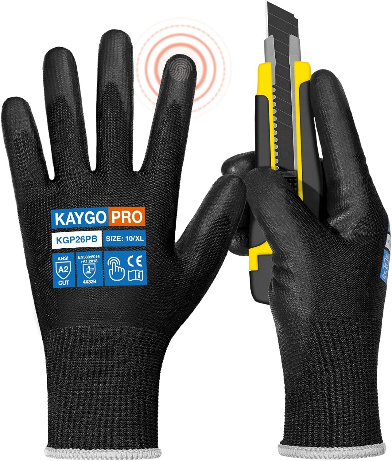 KAYGO Work Gloves for Men and Women,12 Pairs Seamless Knit PU Coated Safety Gloves, with Smooth Grip on Palm and Fingers, Ideal for Light Warehouse, Manufacturing, Gardening, KG11P (M, Black)