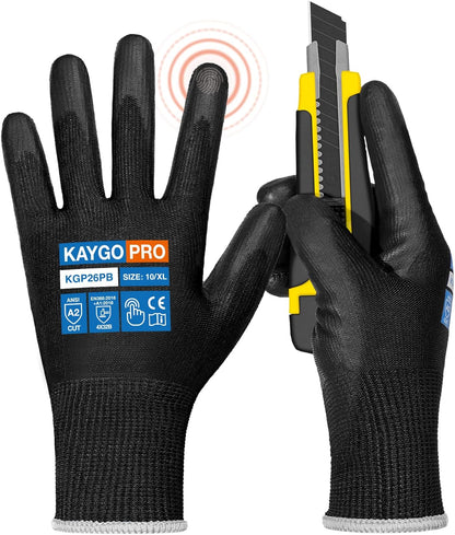 KAYGO Work Gloves for Men and Women,12 Pairs Seamless Knit PU Coated Safety Gloves, with Smooth Grip on Palm and Fingers, Ideal for Light Warehouse, Manufacturing, Gardening, KG11P (M, Black)