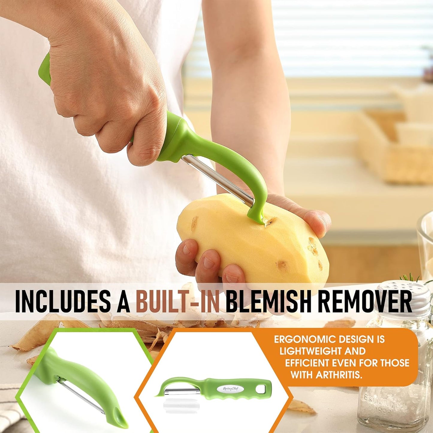Spring Chef Premium Swivel Vegetable Peeler, Soft Grip Handle and Ultra Sharp Stainless Steel Blades - Perfect Kitchen Peeler For Veggie, Fruit, Potato, Carrot, Apple - Black
