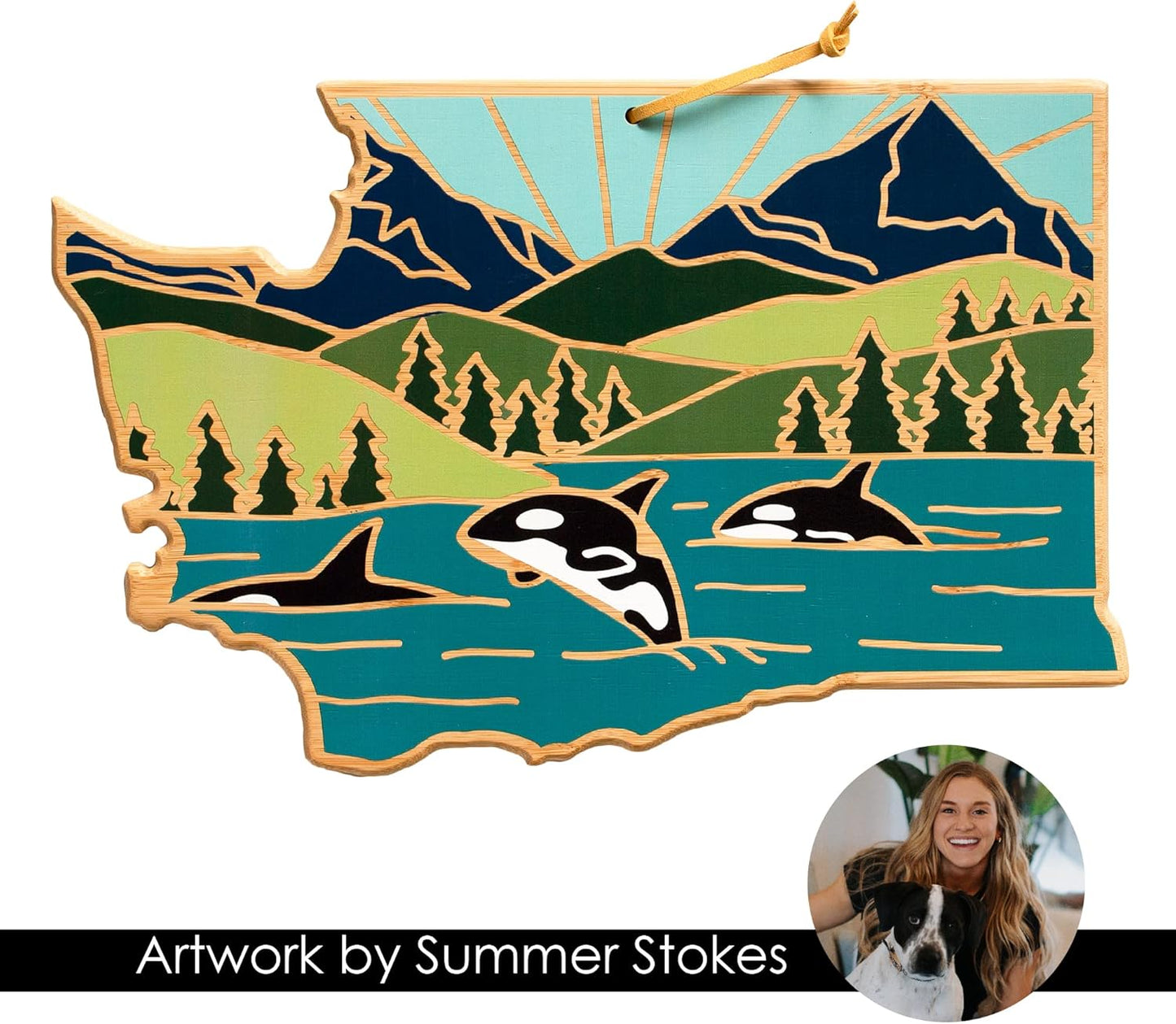 Totally Bamboo North Carolina State Shaped Cutting Board and Charcuterie Serving Platter with Artwork by Summer Stokes, Includes Hang Tie for Wall Display 18" x 8" x 5/8" - Colors B