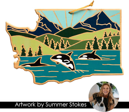 Totally Bamboo North Carolina State Shaped Cutting Board and Charcuterie Serving Platter with Artwork by Summer Stokes, Includes Hang Tie for Wall Display 18" x 8" x 5/8" - Colors B