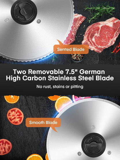 FOHERE Electric Meat Slicer 200W Deli Slicer for Home with Removable Two 7.5” Blades, 0-15mm Precision Thickness Adjustment Knob Cut Deli Food, Meat Ham Bread Fruit, Include Food Carriage, Black