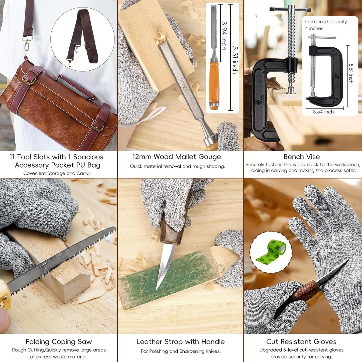 Wood Carving Tools, 27Pcs Wood Carving Kit with Leather Storage Bag,14Pcs Whittling Knives,Folding Saw ,Bench Vise,Leather Strop Biock and 6pcs wood Block,Whittling kit for Beginners and Enthusiasts