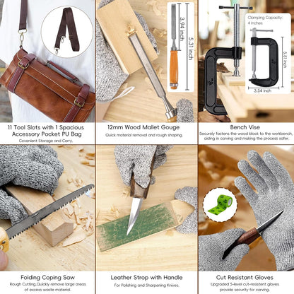Wood Carving Tools, 27Pcs Wood Carving Kit with Leather Storage Bag,14Pcs Whittling Knives,Folding Saw ,Bench Vise,Leather Strop Biock and 6pcs wood Block,Whittling kit for Beginners and Enthusiasts