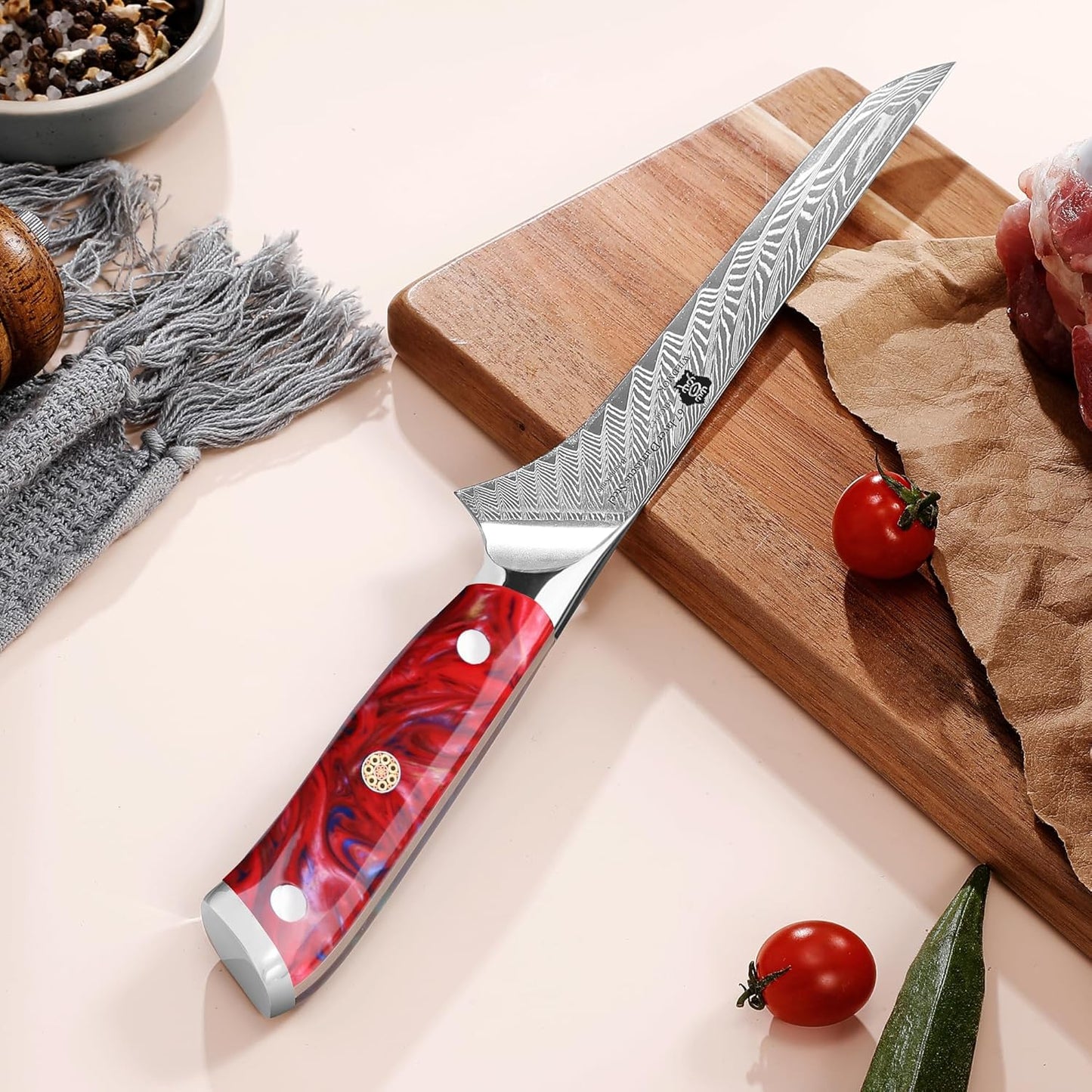 WILDMOK Damascus Boning Knife, 7 inch Super Sharp Fillet Knife, Japanese Damascus Steel, Full Tang Resin Handle, Includes Gift Box